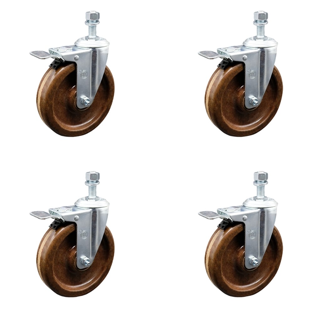 High Temperature Phenolic Swivel Threaded Stem Caster with Roller Bearing with 5 x 1.25 in. Brown Wheels & 10 mm Stems - Set of 4