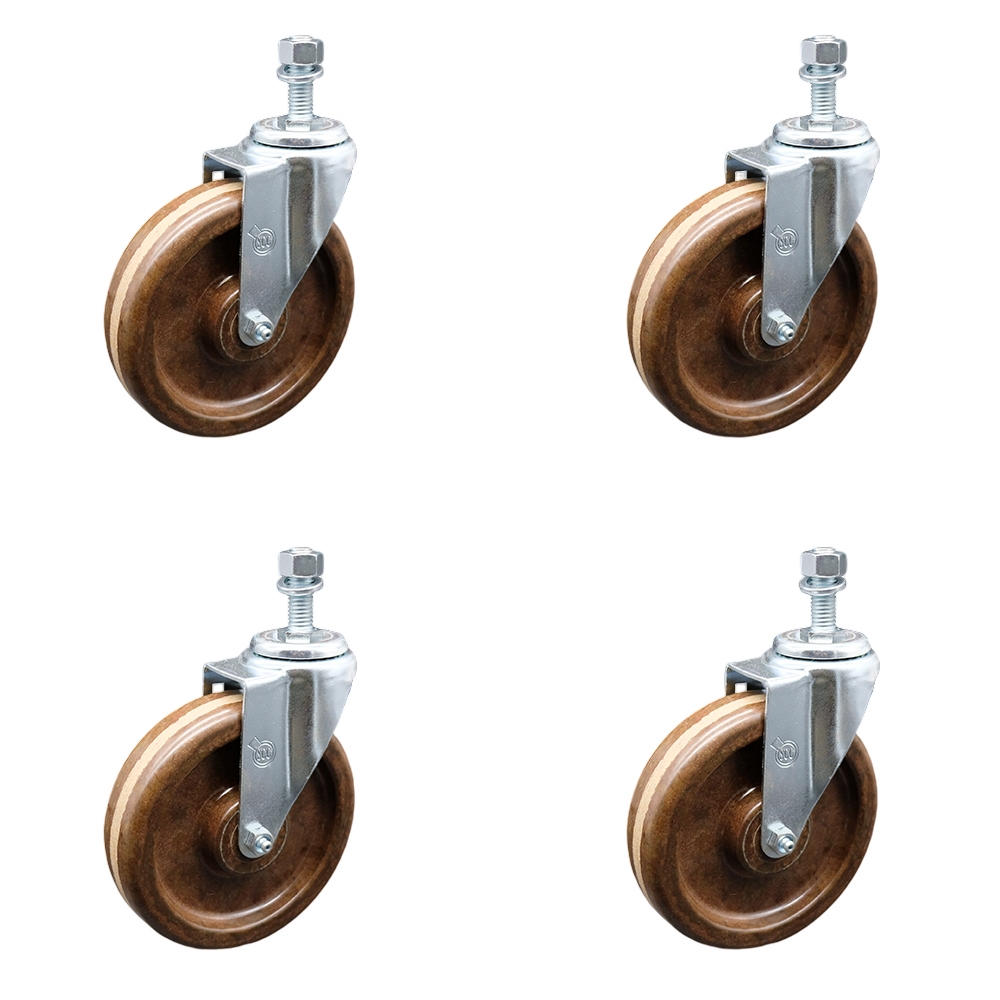 High Temperature Phenolic Swivel Threaded Stem Caster with Roller Bearing with 6 x 1.5 in. Brown Wheels & 10 mm Stems - Set of 4