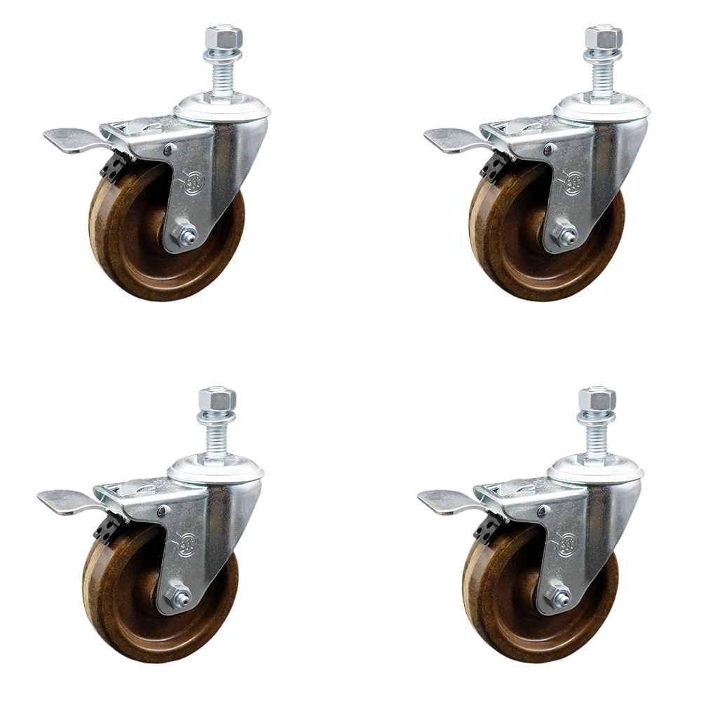 High Temperature Phenolic Swivel Threaded Stem Caster with Roller Bearing with 4 x 1.25 in. Brown Wheels & 12 mm Stems - Set of 4