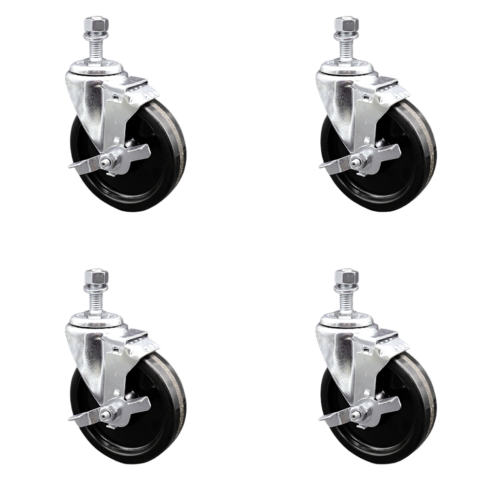 SCC-SSSSTS20S514-PHS-TLB-381615-4 Stainless Steel Phenolic Swivel Threaded Stem Caster with 5 x 1.25 in. Black Wheels & 0.38 in. Stems - Set of 4