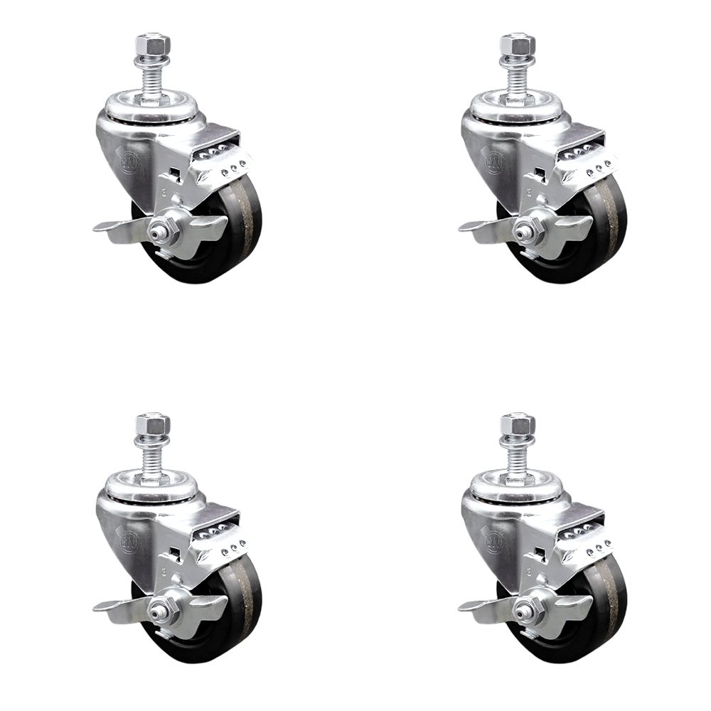 SCC-SSSSTS20S3514-PHS-TLB-M1015-4 Stainless Steel Phenolic Swivel Threaded Stem Caster with 3.5 x 1.25 in. Black Wheels & 10 mm Stems - Set of 4