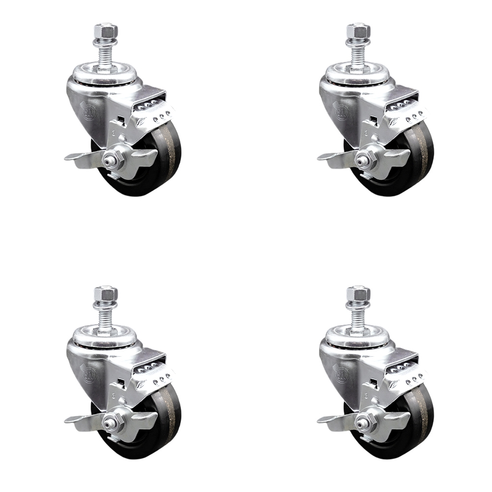 SCC-TS20S314-PHS-TLB-M1215-4 Phenolic Swivel Threaded Stem Caster with 3 x 1.25 in. Black Wheels & 12 mm Stems - Set of 4