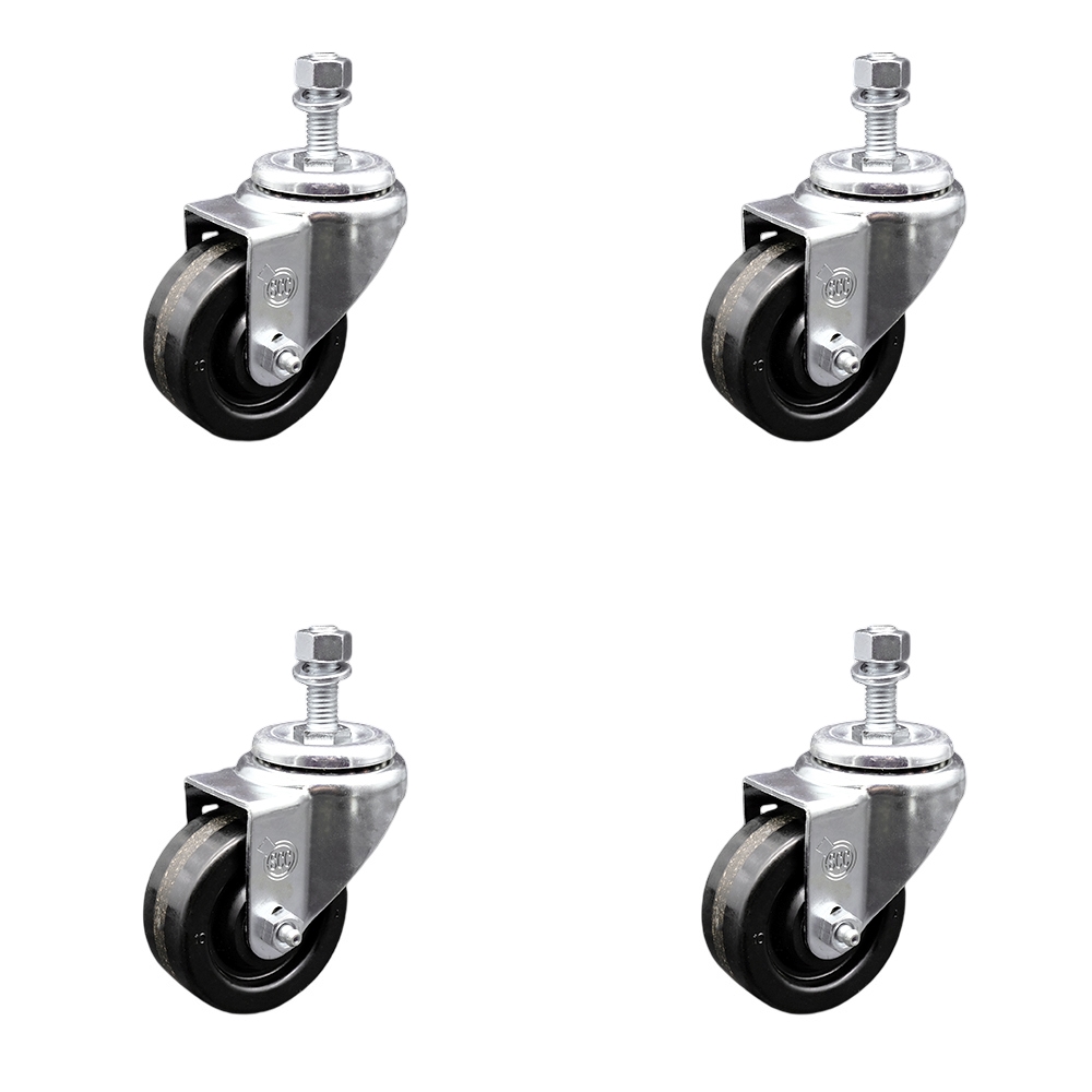 SCC-SSSSTS20S314-PHS-M1215-4 Stainless Steel Phenolic Swivel Threaded Stem Caster with 3 x 1.25 in. Black Wheels & 12 mm Stems - Set of 4