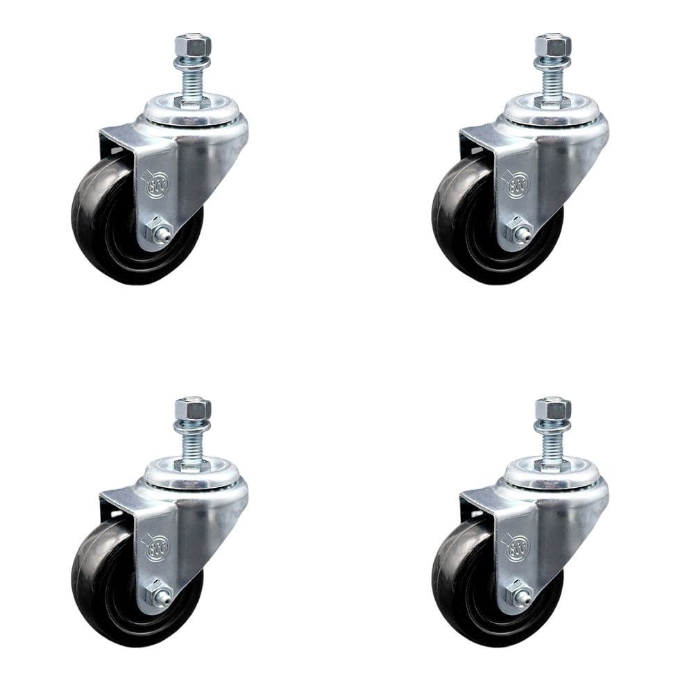 SCC-SSTS20S3514-HRS-121315-4 Stainless Steel Hard Rubber Swivel Threaded Stem Caster with 3.5 x 1.25 in. Black Wheels & 0.5 in. Stems - Set of 4