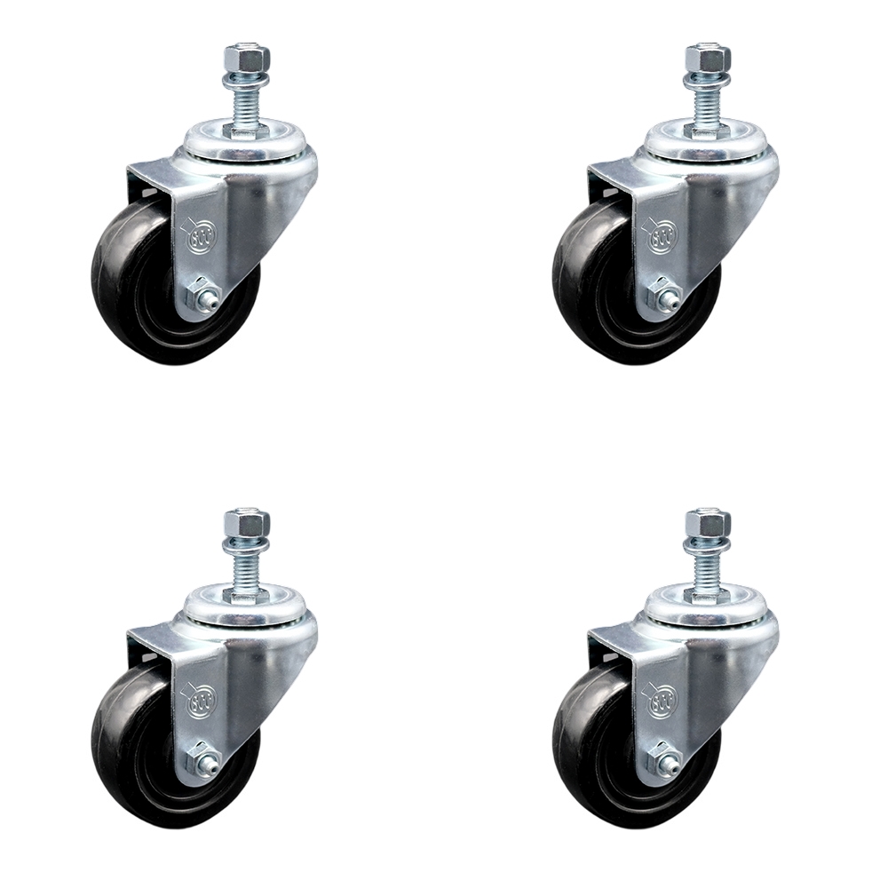 SCC-TS20S3514-HRS-M1015-4 Hard Rubber Swivel Threaded Stem Caster with 3.5 x 1.25 in. Black Wheels & 10 mm Stems - Set of 4