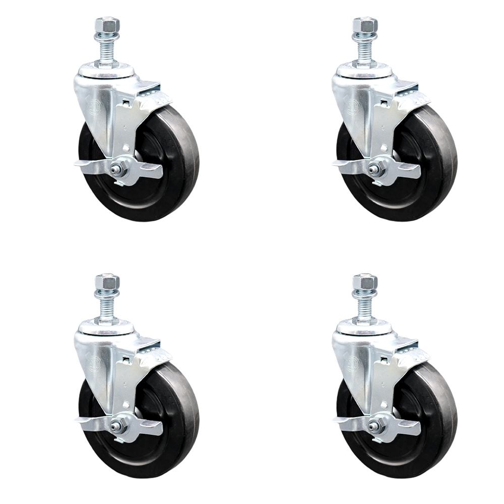 SCC-SSTS20S514-HRS-TLB-M1015-4 Stainless Steel Hard Rubber Swivel Threaded Stem Caster with 5 x 1.25 in. Black Wheels & 10 mm Stems - Set of 4