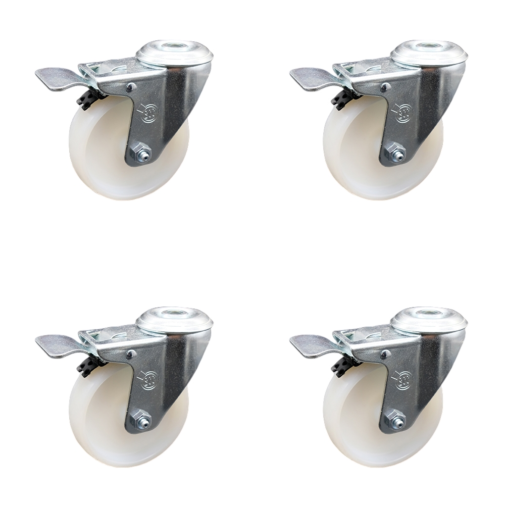 Stainless Steel Bolt Hole Casters - White - Set of 4 - Total Lock Brakes
