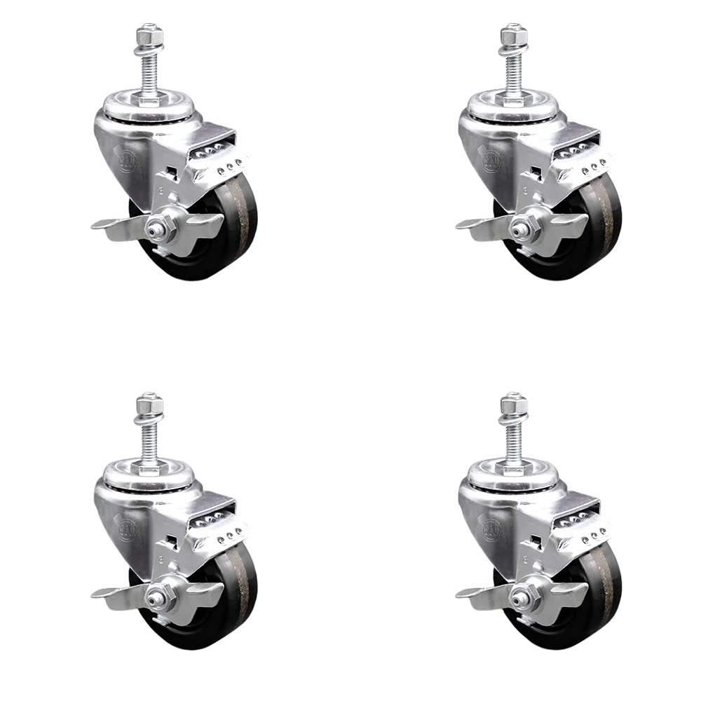 SCC-TS20S314-PHR-TLB-381615-4 Phenolic Swivel Threaded Stem Caster with Roller Bearing with 3 x 1.25 in. Black Wheels & 0.38 in. Stems - Set of 4