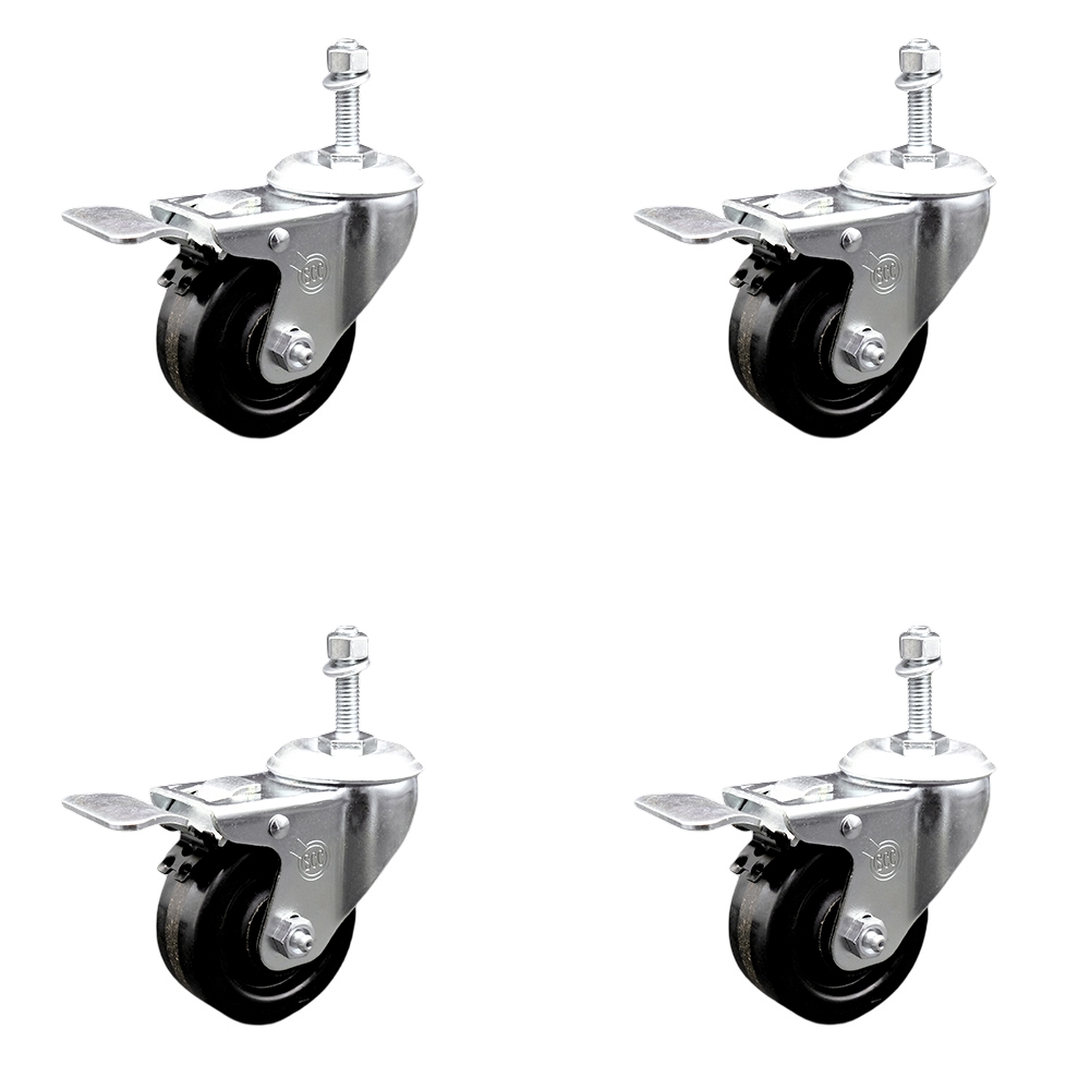 SCC-TSTTL20S314-PHR-381615-4 Phenolic Swivel Threaded Stem Caster with Roller Bearing with 3 x 1.25 in. Black Wheels & 0.38 in. Stems - Set of 4