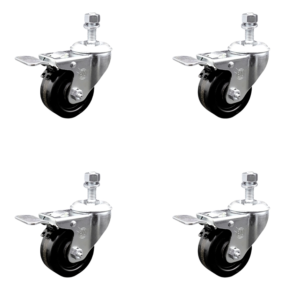 SCC-TSTTL20S314-PHR-M1215-4 Phenolic Swivel Threaded Stem Caster with Roller Bearing with 3 x 1.25 in. Black Wheels & 12 mm Stems - Set of 4