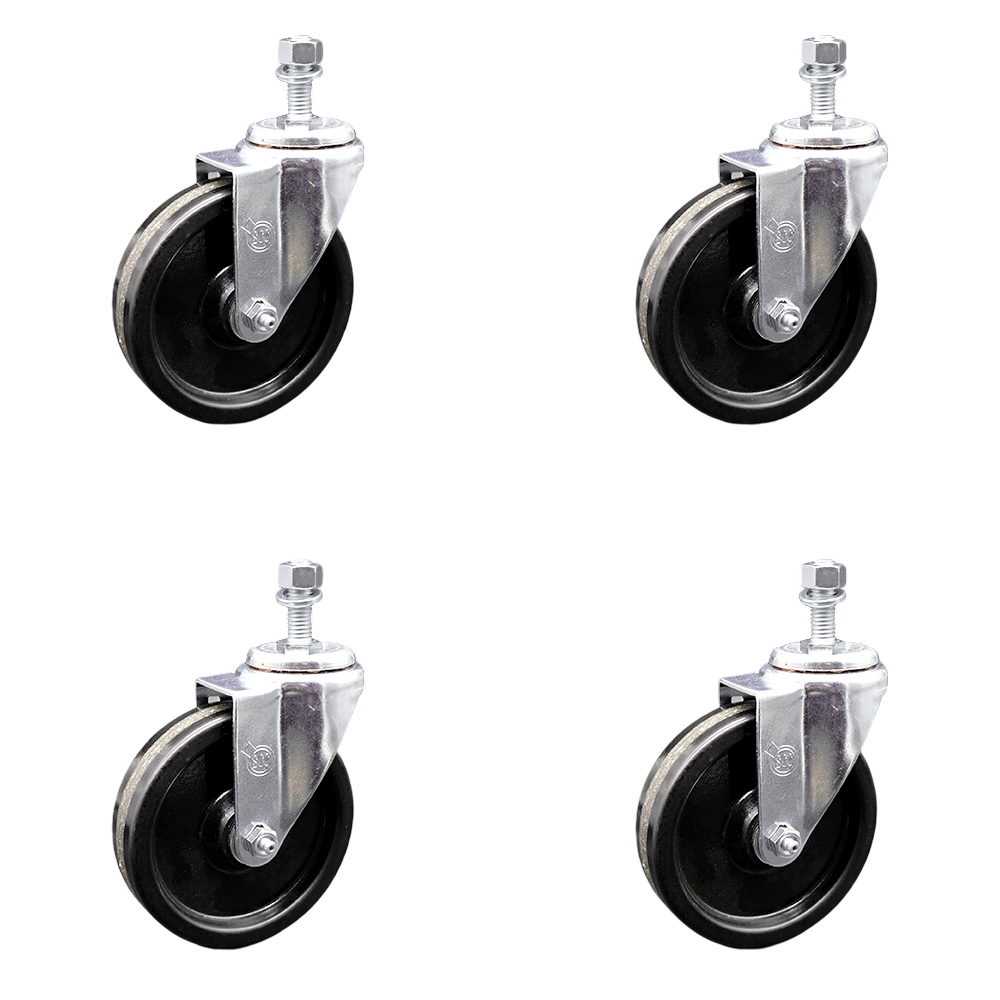 SCC-TS20S514-PHR-M1215-4 Phenolic Swivel Threaded Stem Caster with Roller Bearing with 5 x 1.25 in. Black Wheels & 12 mm Stems - Set of 4