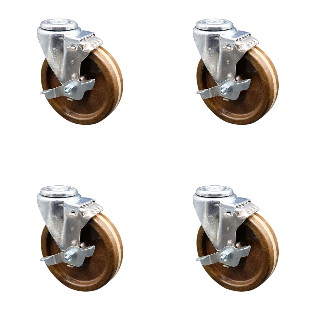 SCC-BH20S514-PHRHT-TLB-4 High Temperature Phenolic Swivel Bolt Hole Caster with Roller Bearing with 5 x 1.25 in. Brown Wheels - Set of 4
