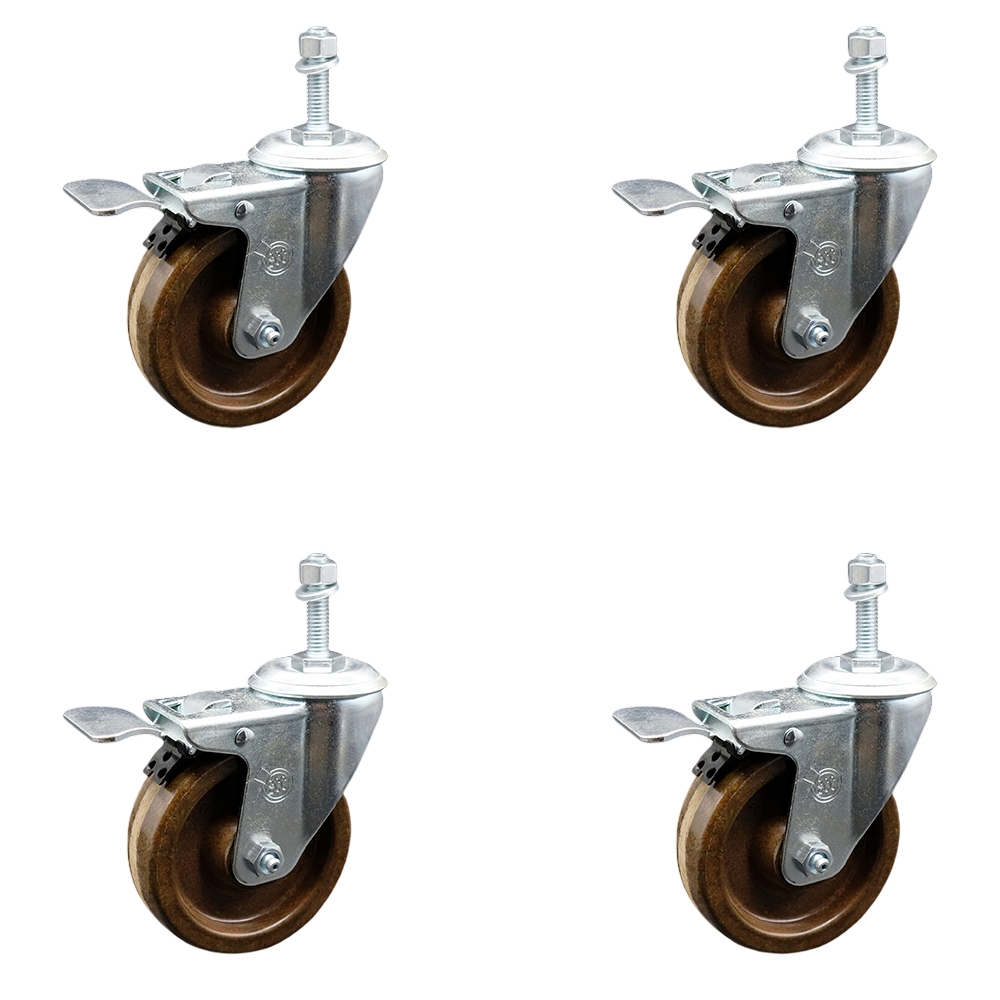 High Temperature Phenolic Swivel Threaded Stem Caster with Roller Bearing with 4 x 1.25 in. Brown Wheels & 0.38 in. Stems - Set of 4