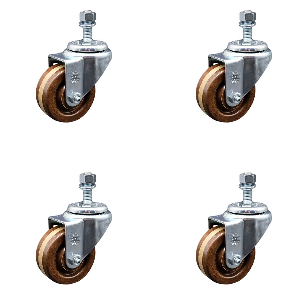 High Temperature Phenolic Swivel Threaded Stem Caster with Roller Bearing with 3 x 1.25 in. Brown Wheels & 10 mm Stems - Set of 4