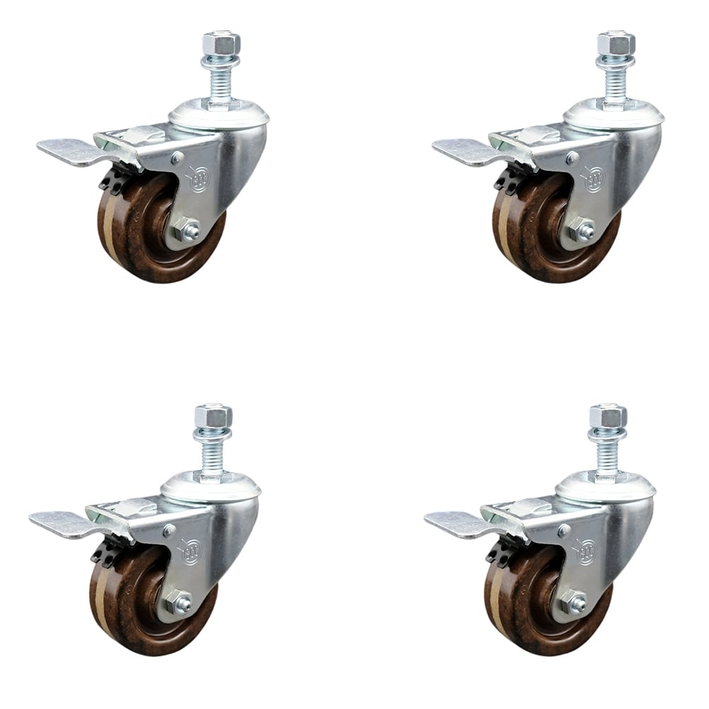 High Temperature Phenolic Swivel Threaded Stem Caster with Roller Bearing with 3 x 1.25 in. Brown Wheels & 10 mm Stems - Set of 4