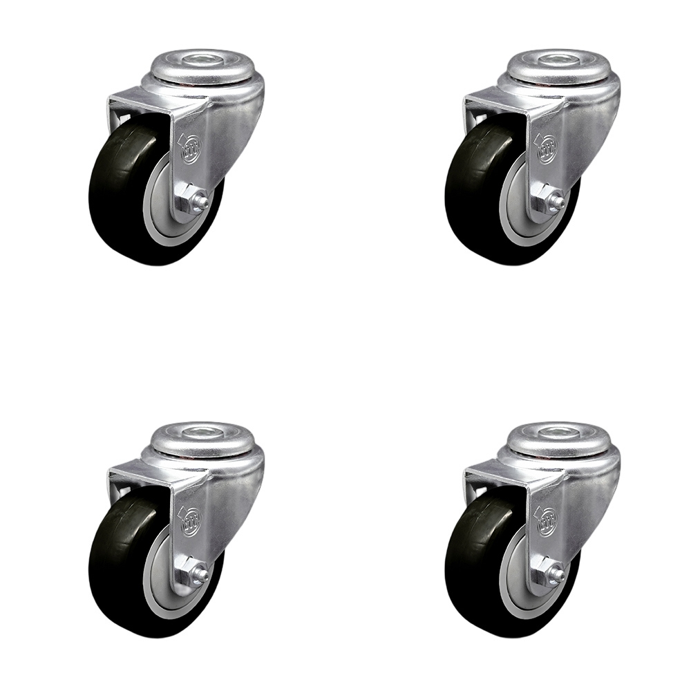 SCC-SSBH20S314-PPUB-BLK-4 Stainless Steel Polyurethane Swivel Bolt Hole Caster with 3 x 1.25 in. Black Wheels - Set of 4