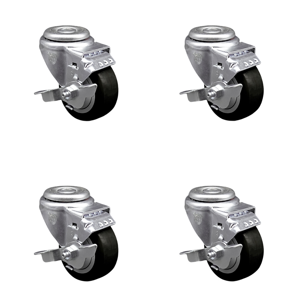 SCC-SSBH20S314-PPUB-BLK-TLB-4 Stainless Steel Polyurethane Swivel Bolt Hole Caster with 3 x 1.25 in. Black Wheels - Set of 4