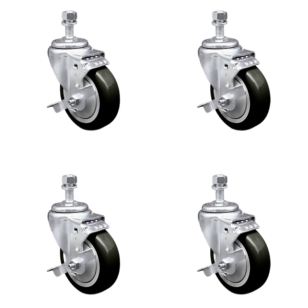 Stainless Steel Polyurethane Swivel Threaded Stem Caster with 4 x 1.25 in. Black Wheels & 0.5 in. Stems - Set of 4