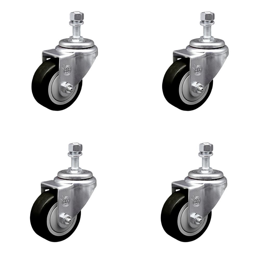SCC-SSTS20S314-PPUB-BLK-381615-4 Stainless Steel Polyurethane Swivel Threaded Stem Caster with 3 x 1.25 in. Black Wheels & 0.38 in. Stems - Set of 4