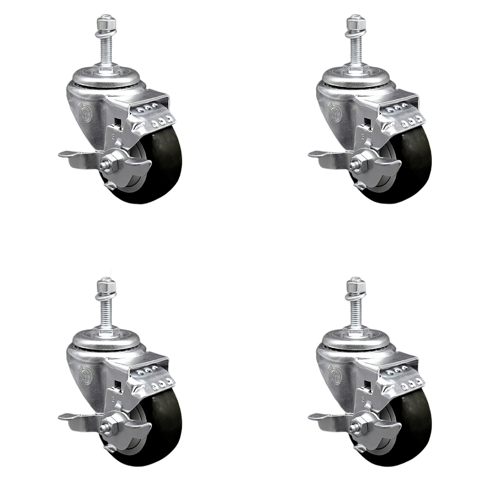 Stainless Steel Polyurethane Swivel Threaded Stem Caster with 3.5 x 1.25 in. Black Wheels & 0.38 in. Stems - Set of 4