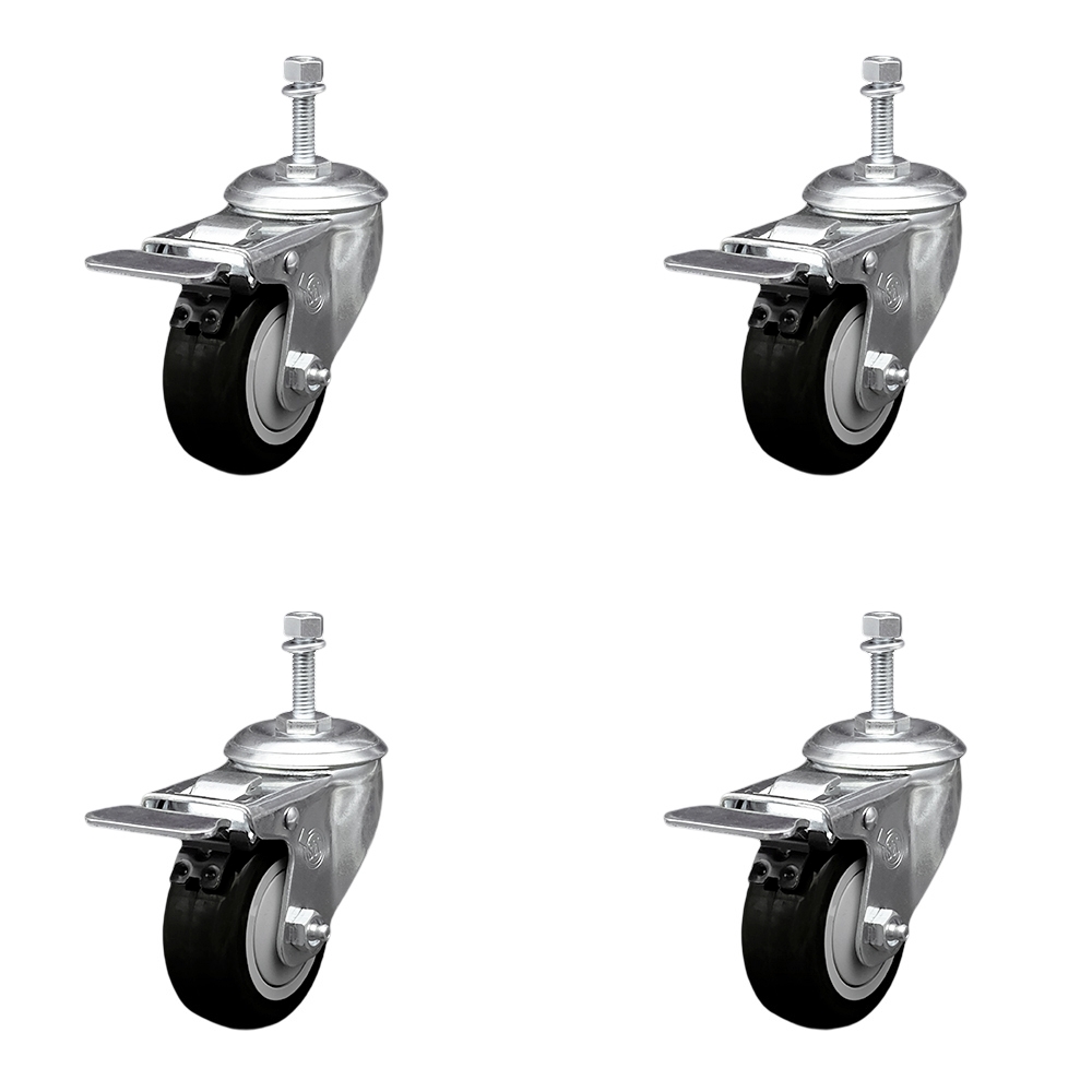 SCC-TSTTL20S314-PPUB-BLK-M1015-4 Polyurethane Swivel Threaded Stem Caster with 3 x 1.25 in. Black Wheels & 10 mm Stems - Set of 4