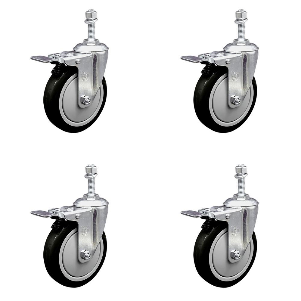 SCC-TSTTL20S514-PPUB-BLK-M1015-4 Polyurethane Swivel Threaded Stem Caster with 5 x 1.25 in. Black Wheels & 10 mm Stems - Set of 4