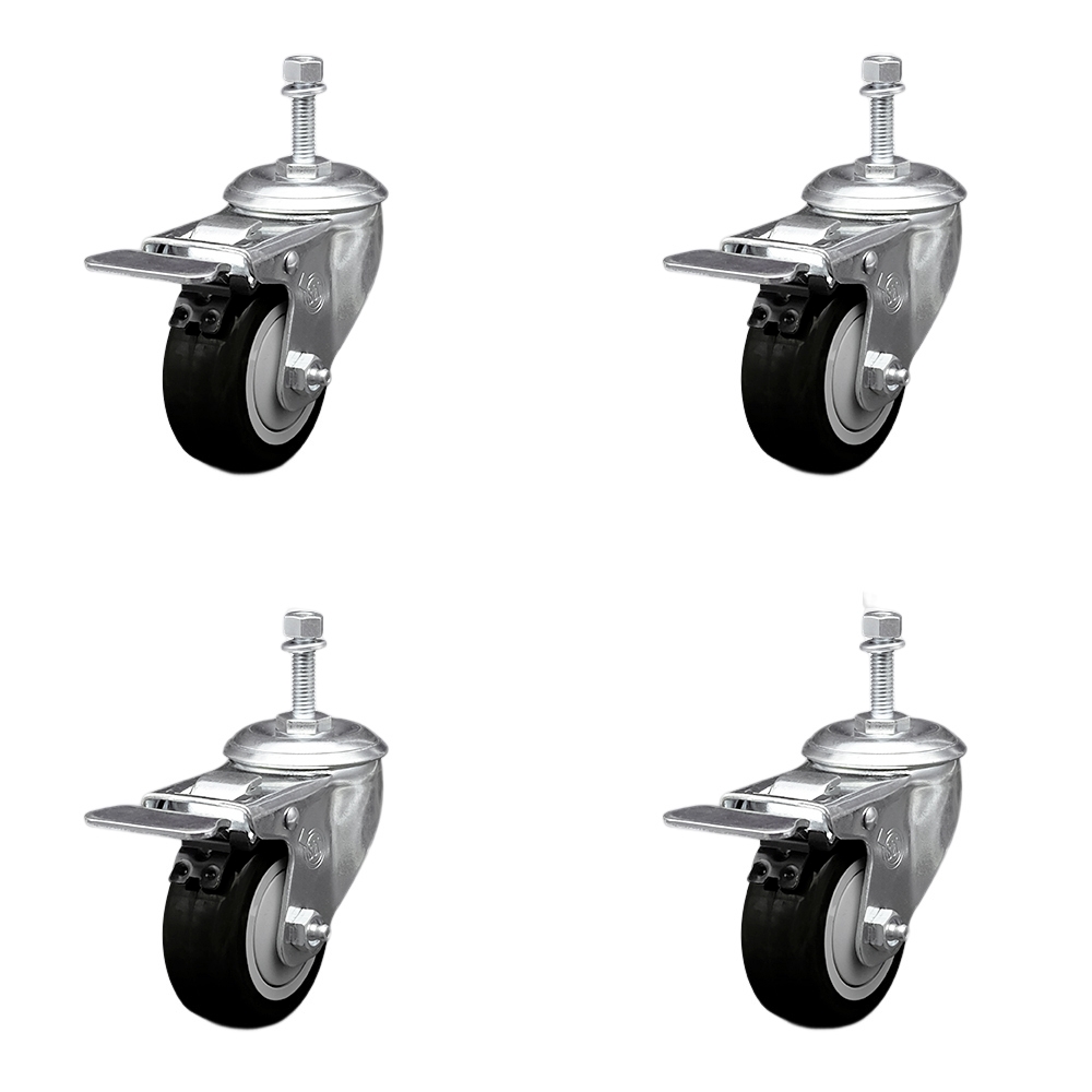 Stainless Steel Polyurethane Swivel Threaded Stem Caster with 3.5 x 1.25 in. Black Wheels & 10 mm Stems - Set of 4