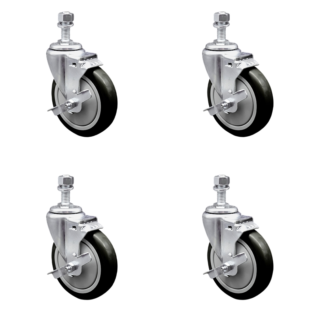 SCC-TS20S514-PPUB-BLK-TLB-M1215-4 Polyurethane Swivel Threaded Stem Caster with 5 x 1.25 in. Black Wheels & 12 mm Stems - Set of 4