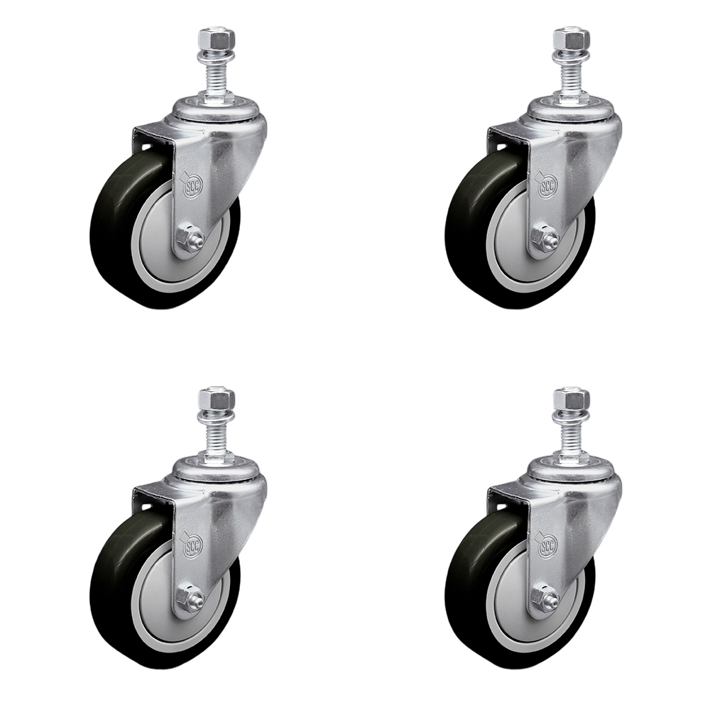 SCC-SSTS20S414-PPUB-BLK-M1215-4 Stainless Steel Polyurethane Swivel Threaded Stem Caster with 4 x 1.25 in. Black Wheels & 12 mm Stems - Set of 4
