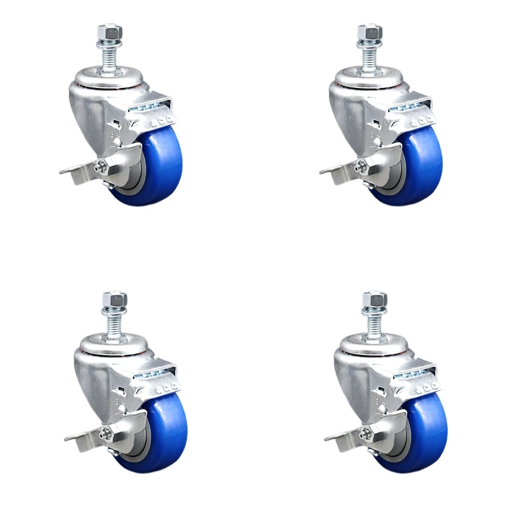 Stainless Steel Polyurethane Swivel Threaded Stem Caster with 3.5 x 1.25 in. Blue Wheels & 0.5 in. Stems - Set of 4