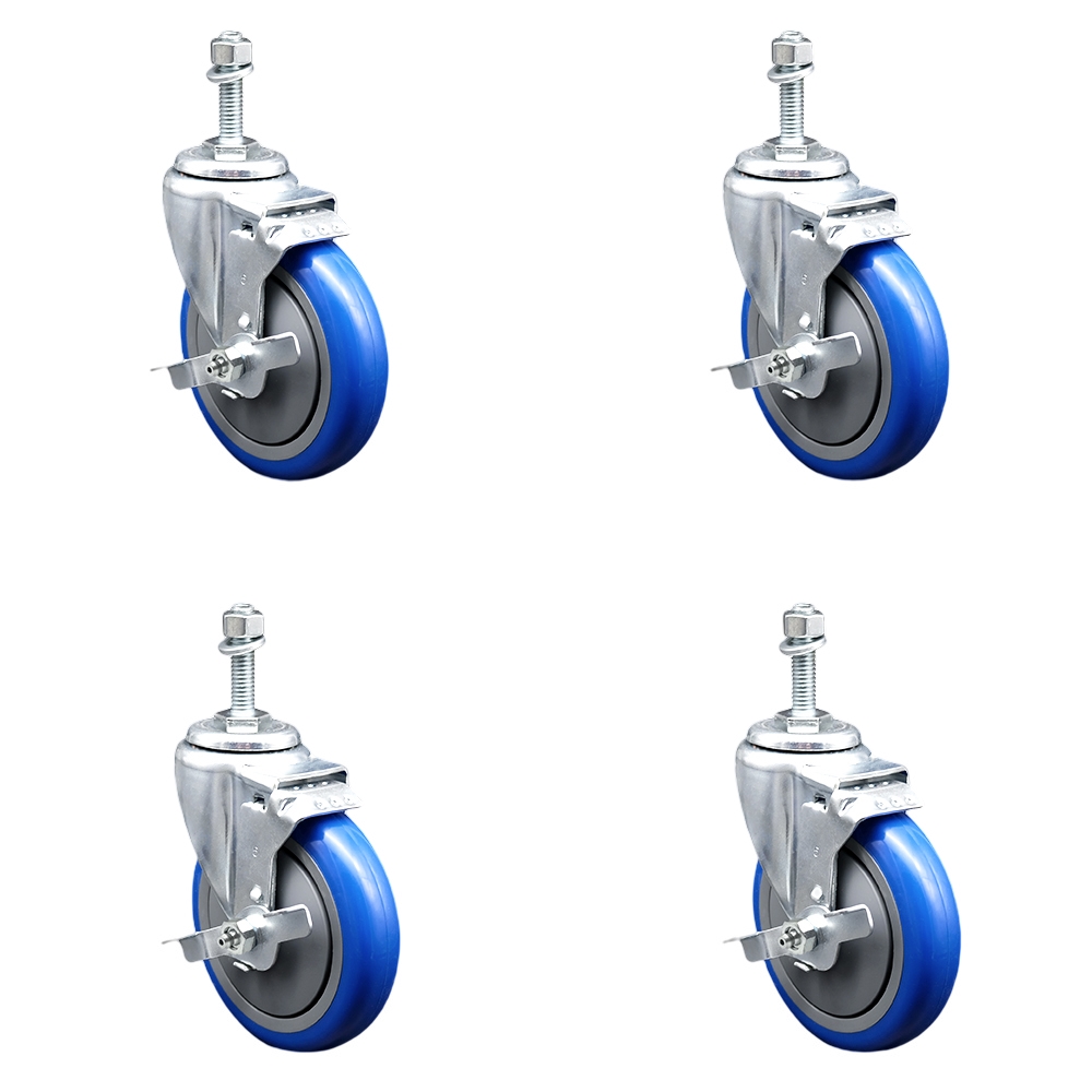 SCC-TS20S514-PPUB-BLUE-TLB-M1015-4 Polyurethane Swivel Threaded Stem Caster with 5 x 1.25 in. Blue Wheels & 10 mm Stems - Set of 4