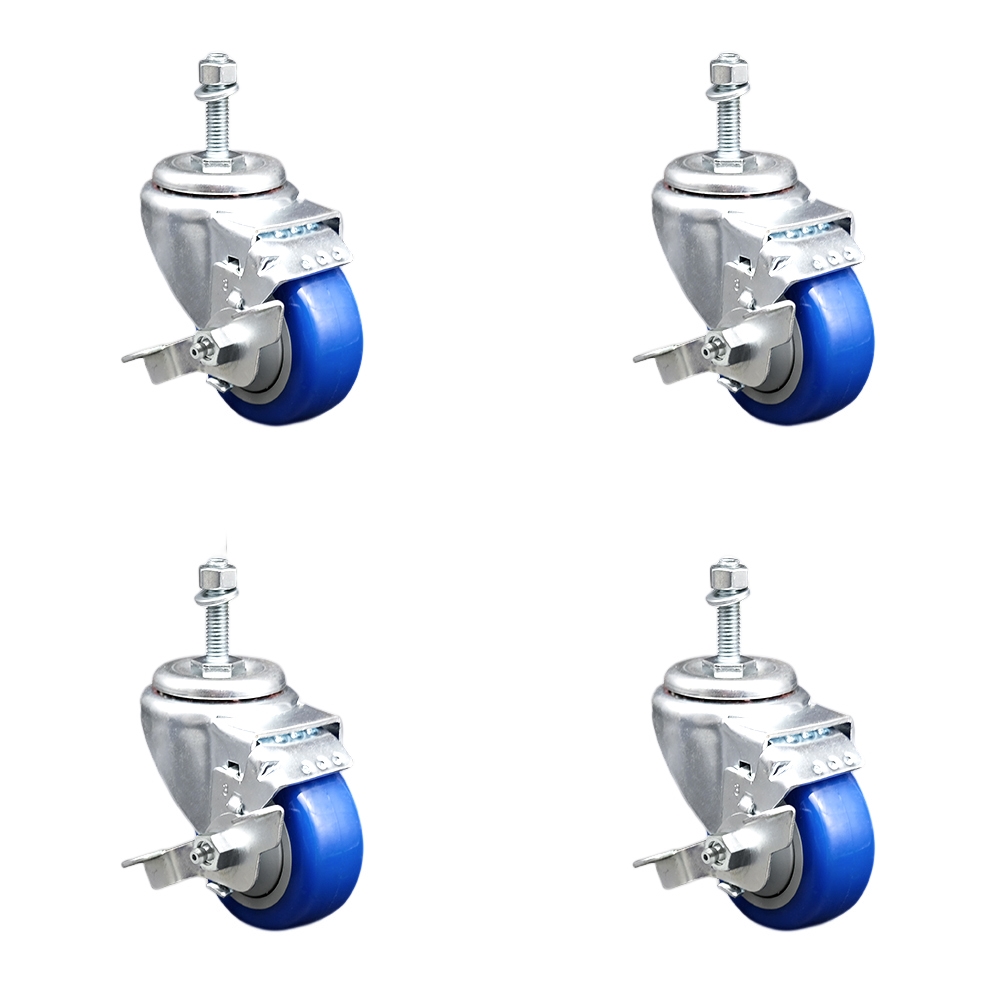 Stainless Steel Polyurethane Swivel Threaded Stem Caster with 3.5 x 1.25 in. Blue Wheels & 10 mm Stems - Set of 4