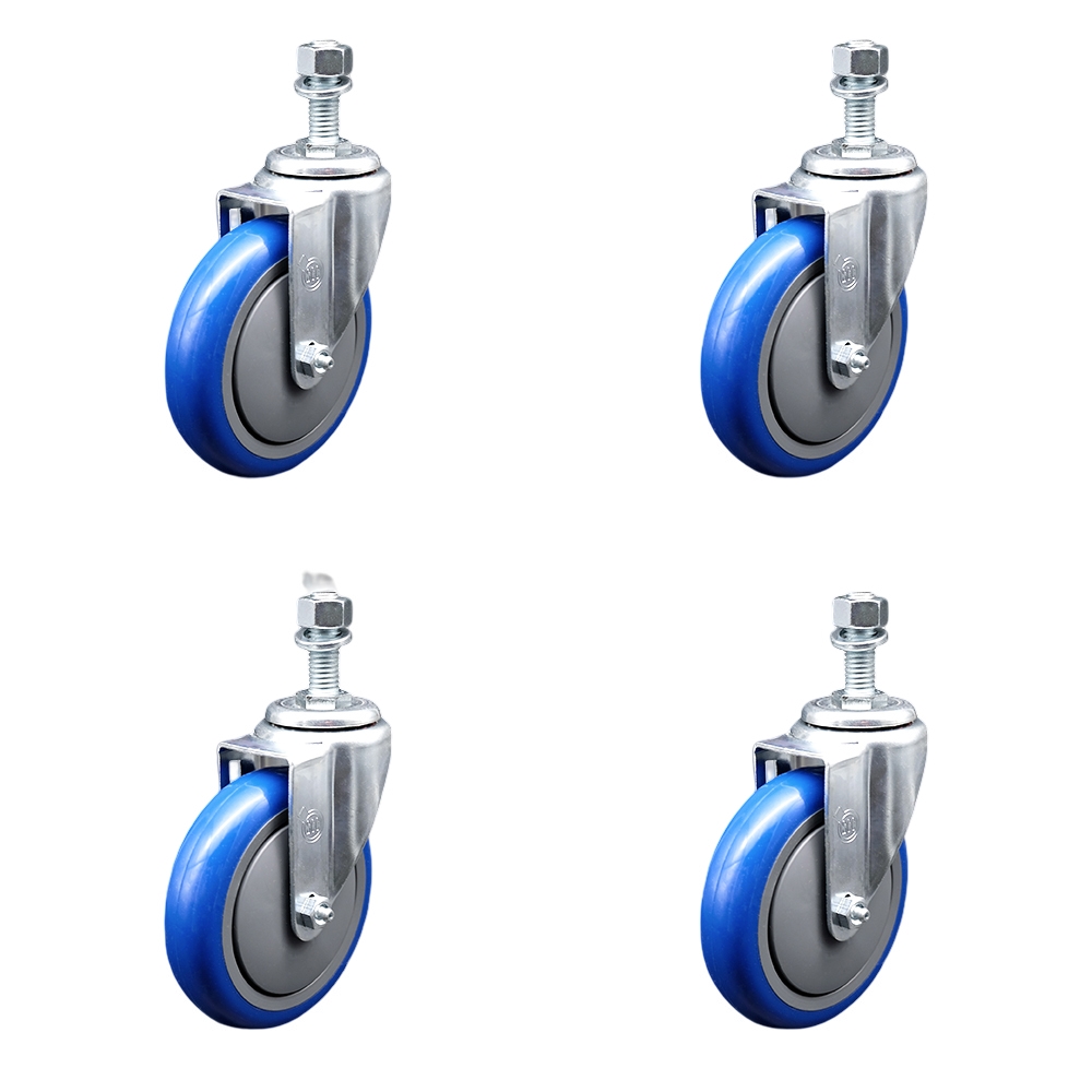 SCC-SSTS20S514-PPUB-BLUE-M1215-4 Stainless Steel Polyurethane Swivel Threaded Stem Caster with 5 x 1.25 in. Blue Wheels & 12 mm Stems - Set of 4