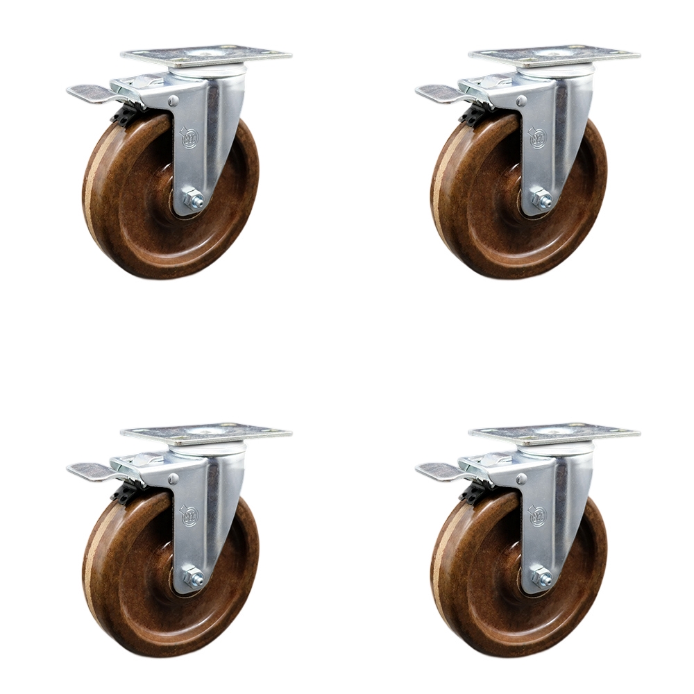 SCC-SSTTL20S514-PHSHT-4 Stainless Steel High Temperature Phenolic Swivel Top Plate Caster with 5 x 1.25 in. Brown Wheels - Set of 4