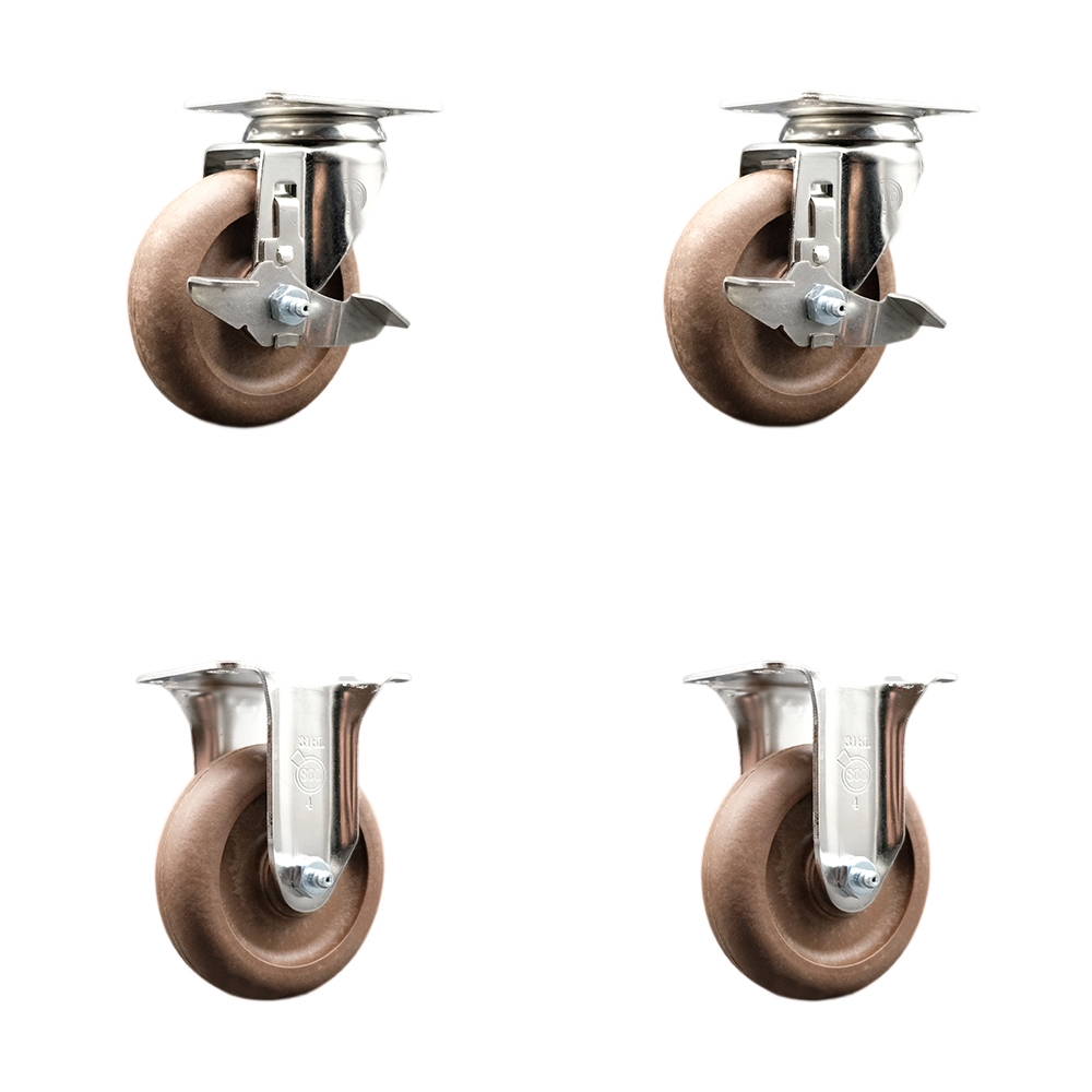 High Temperature Glass Filled Nylon Swivel Top Plate Caster with 4 in. Brown Caster Wheels - 316 Stainless Steel Casters - Set of 4
