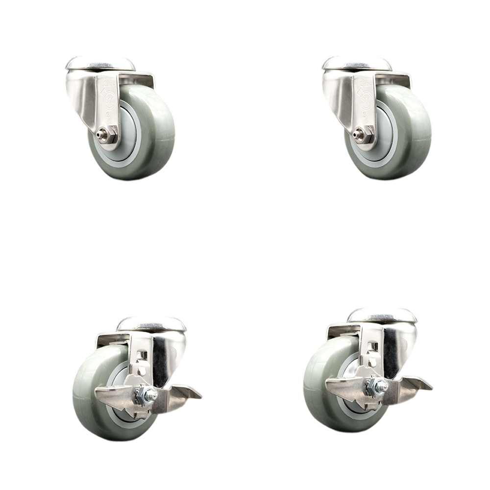 SCC-SS316BH20S3514-PPUB-2-TLB-2 Polyurethane Swivel Bolt Hole Caster with 3.5 in. Gray Caster Wheels 316 Stainless Steel Casters - Set of 4