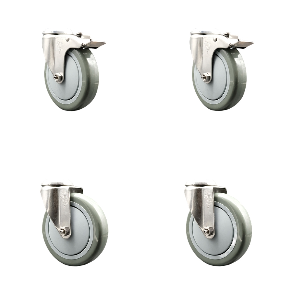 SCC-SS316BHTTL20S514-PPUB-2-S-2 Polyurethane Swivel Bolt Hole Caster with 5 in. Gray Caster Wheels 316 Stainless Steel Casters - Set of 4