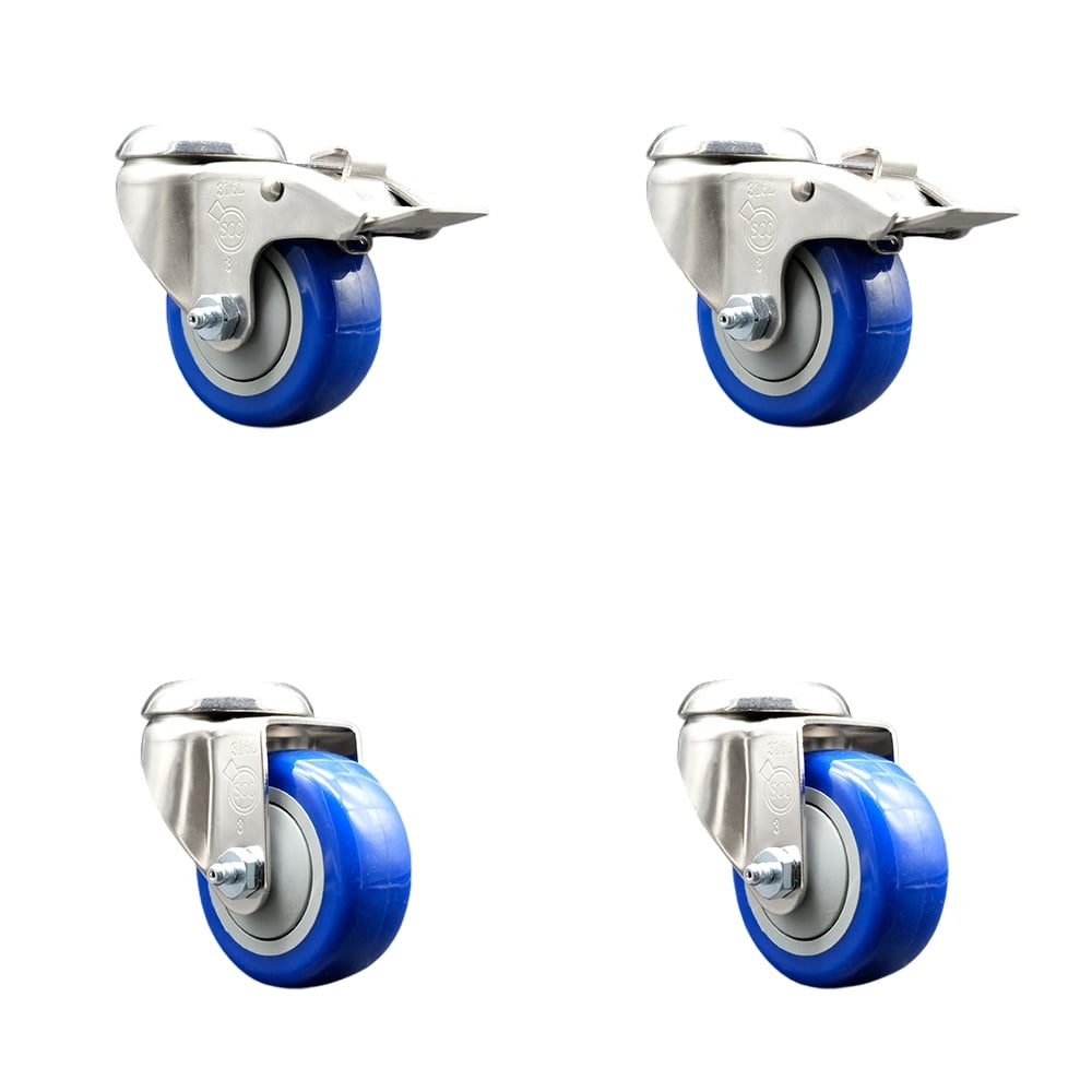 SCC-SS316BHTTL20S314-PPUB-BLUE-2-S-2 Polyurethane Swivel Bolt Hole Caster with 3 in. Blue Caster Wheels - 316 Stainless Steel Casters - Set of 4
