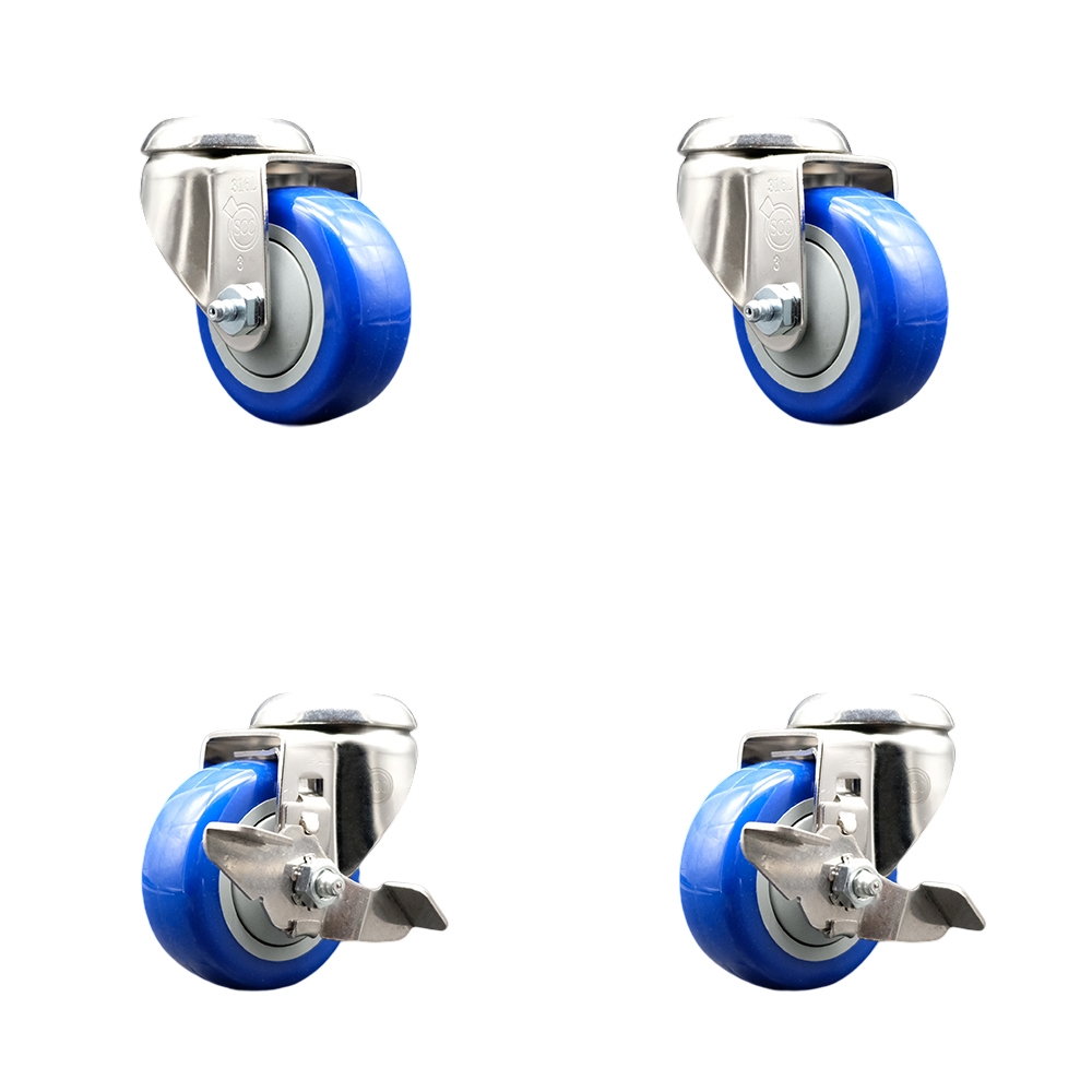 SCC-SS316BH20S3514-PPUB-BLUE-2-TLB-2 Polyurethane Swivel Bolt Hole Caster with 3.5 in. Blue Caster Wheels - 316 Stainless Steel Casters - Set of 4