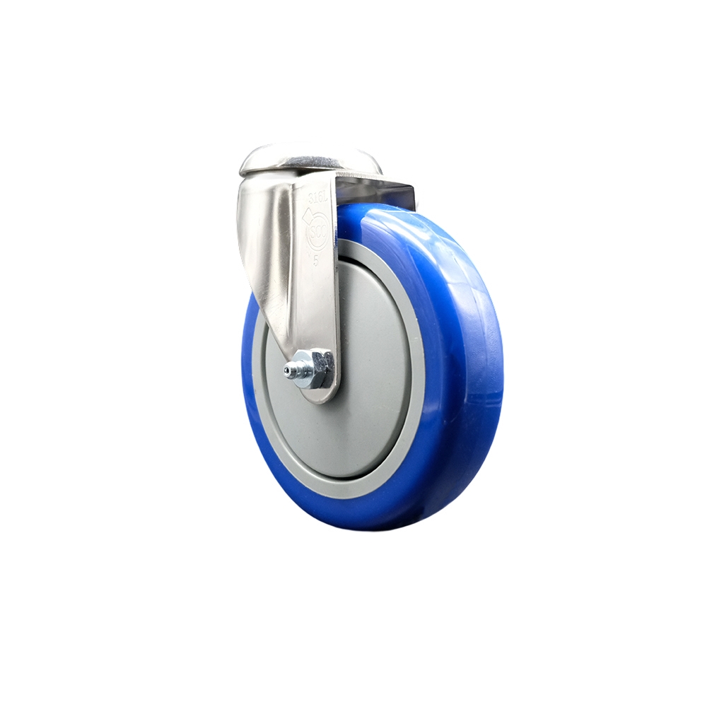 SCC-SS316BH20S514-PPUB-BLUE Polyurethane Swivel Bolt Hole Caster with 5 in. Blue Caster Wheel - 316 Stainless Steel Caster