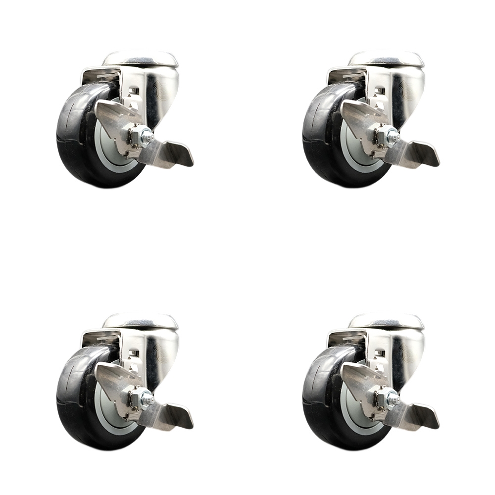 SCC-SS316BH20S314-PPUB-BLK-TLB-4 Polyurethane Swivel Bolt Hole Caster with 3 in. Black Caster Wheels 316 Stainless Steel Casters - Set of 4