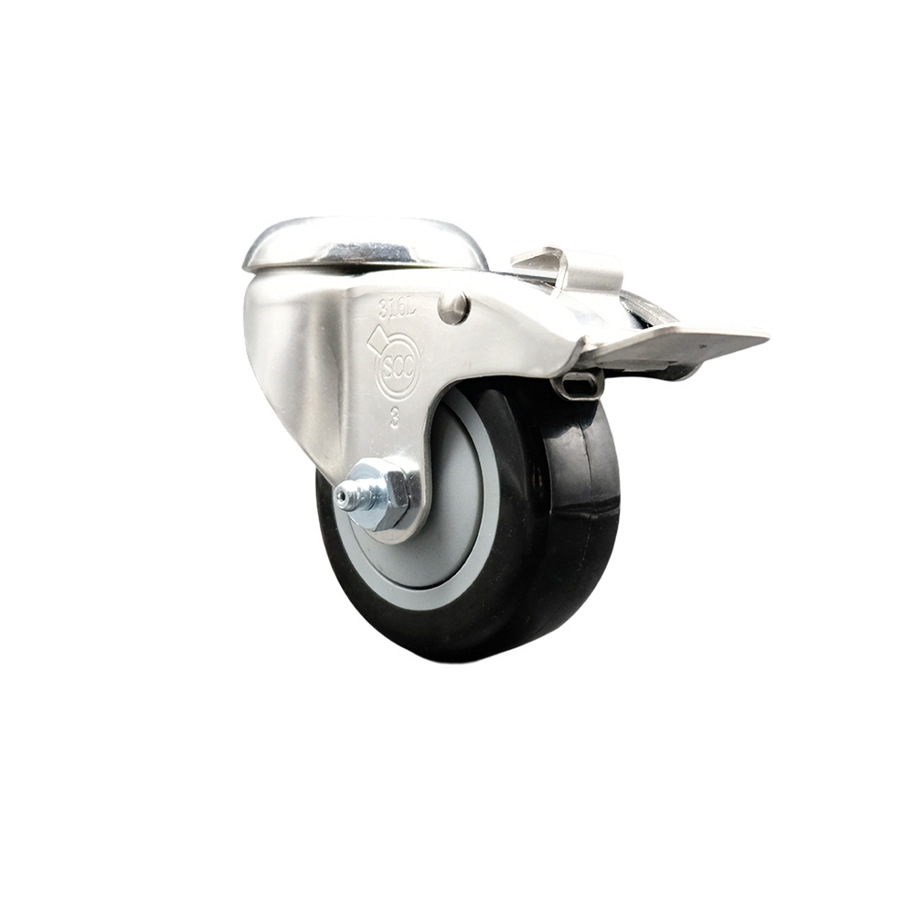 SCC-SS316BHTTL20S3514-PPUB-BLK Polyurethane Swivel Bolt Hole Caster with 3.5 in. Black Caster Wheel & Total Lock Brake 316 Stainless Steel Caster