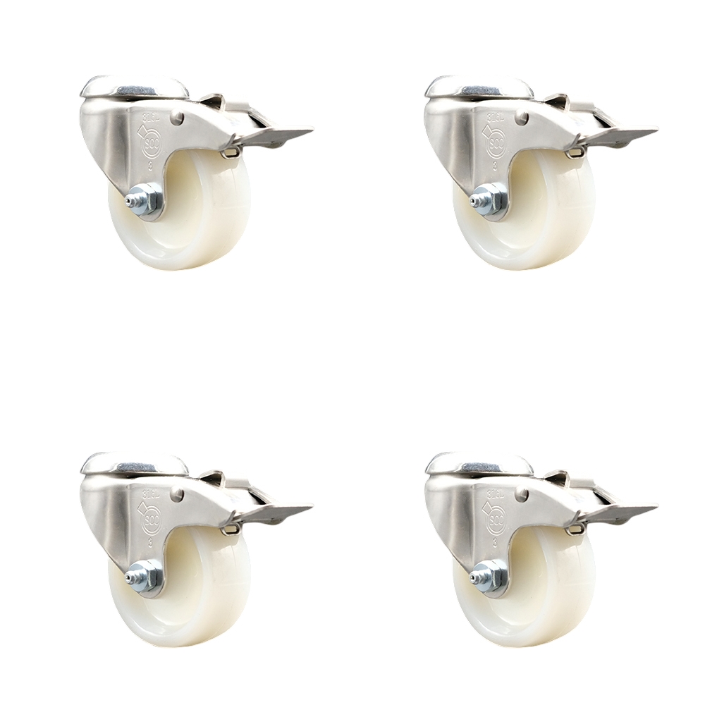 SCC-SS316BHTTL20S314-NYS-4 Nylon Swivel Bolt Hole Caster with 3 in. White Caster Wheels - 316 Stainless Steel Casters - Set of 4