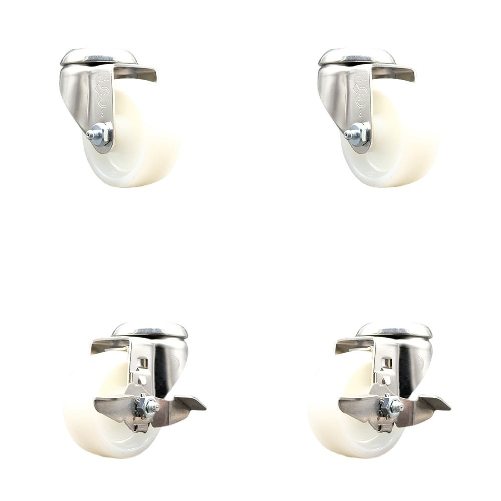 SCC-SS316BH20S314-NYS-2-TLB-2 Nylon Swivel Bolt Hole Caster with 3 in. White Caster Wheels - 316 Stainless Steel Casters - Set of 4