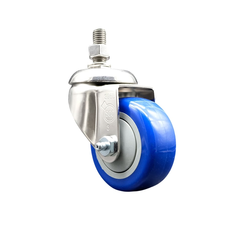 Polyurethane Swivel Stem Caster with 3 in. Blue Caster Wheels, 0.5 in. Threaded Stem - 316 Stainless Steel Caster