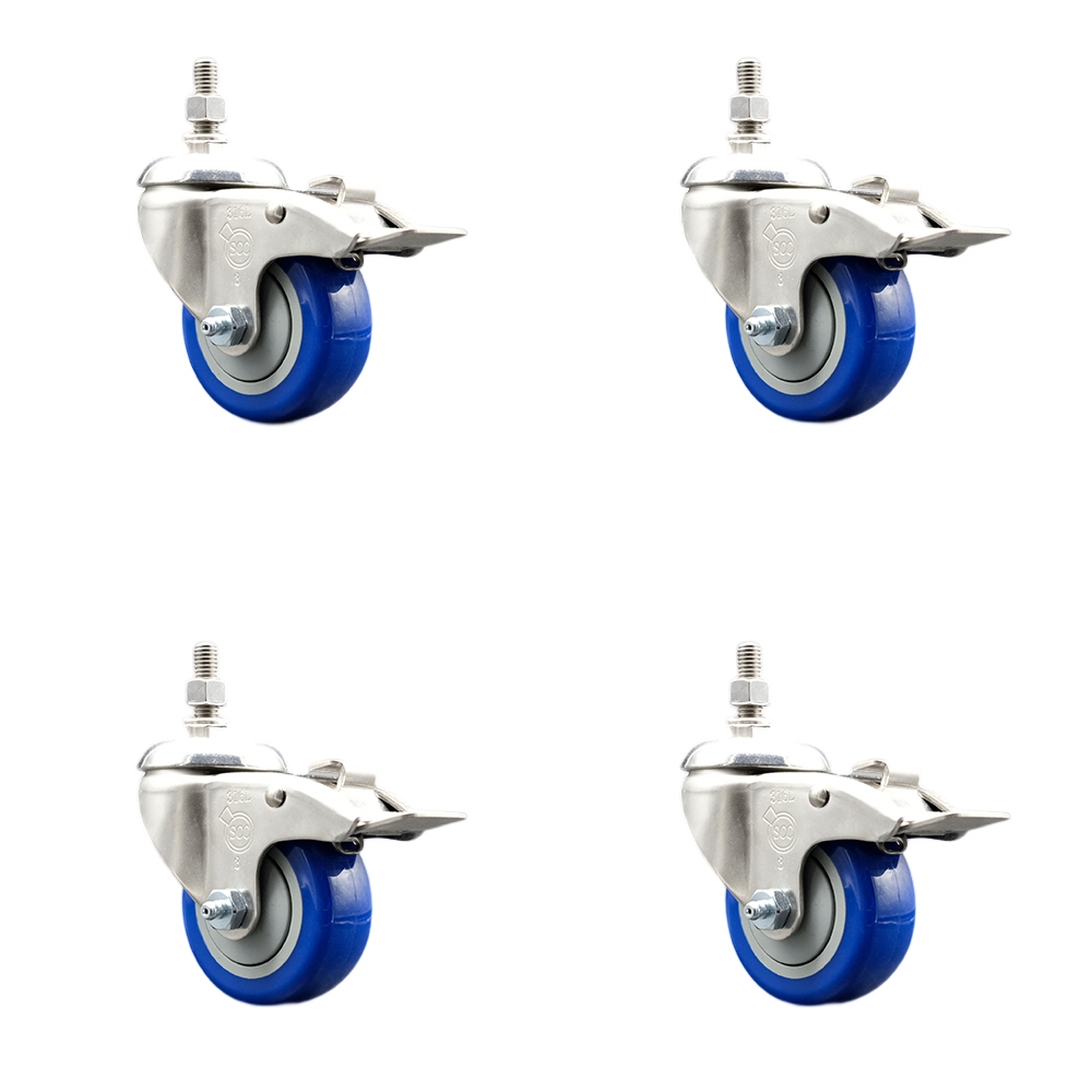 Polyurethane Swivel Stem Caster with 3 in. Blue Caster Wheels, 0.38 in. Threaded Stems - 316 Stainless Steel Casters - Set of 4