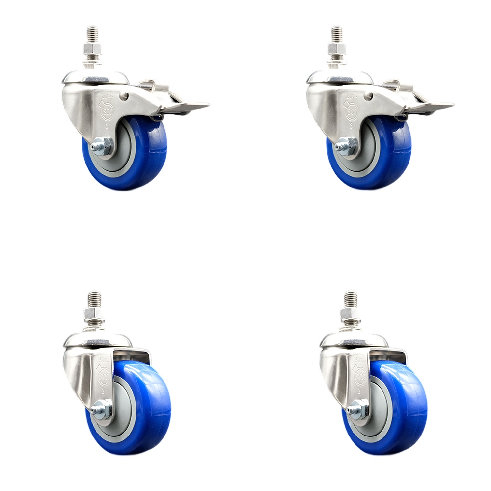 Poly Swivel Stem Caster with 3 in. Blue Caster Wheels, 0.38 in. Threaded Stems - 316 Stainless Steel Casters - Set of 4