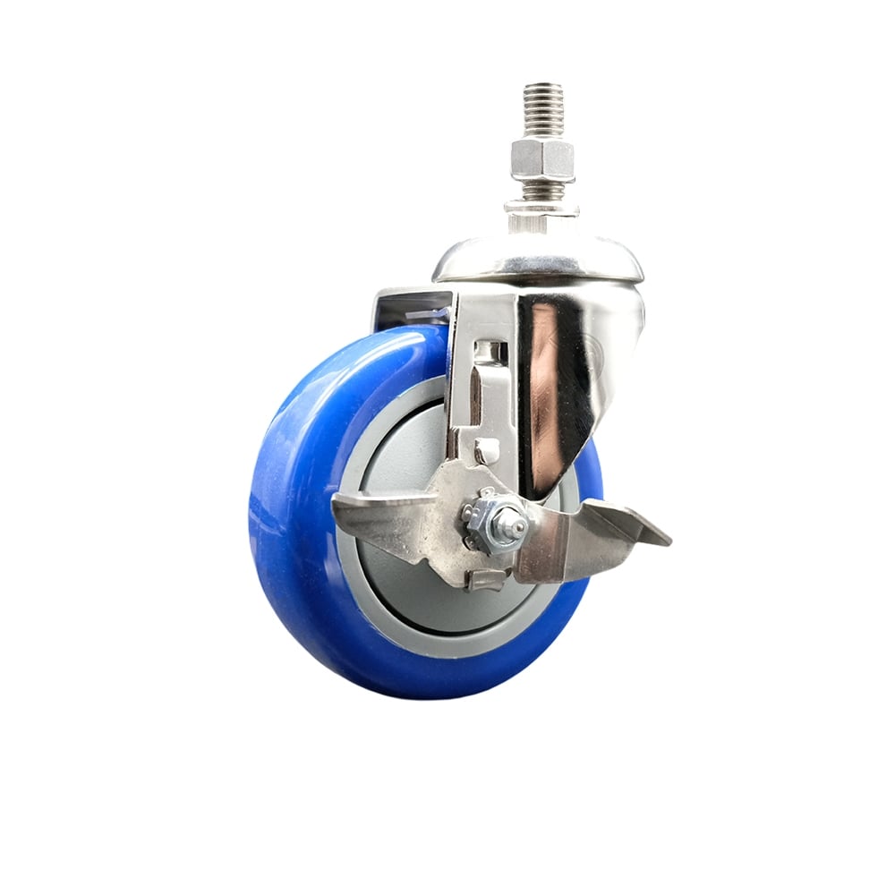 Polyurethane Swivel Stem Caster with 4 in. Blue Caster Wheels & Top Lock Brake, 0.38 in. Threaded Stem - 316 Stainless Steel Caster