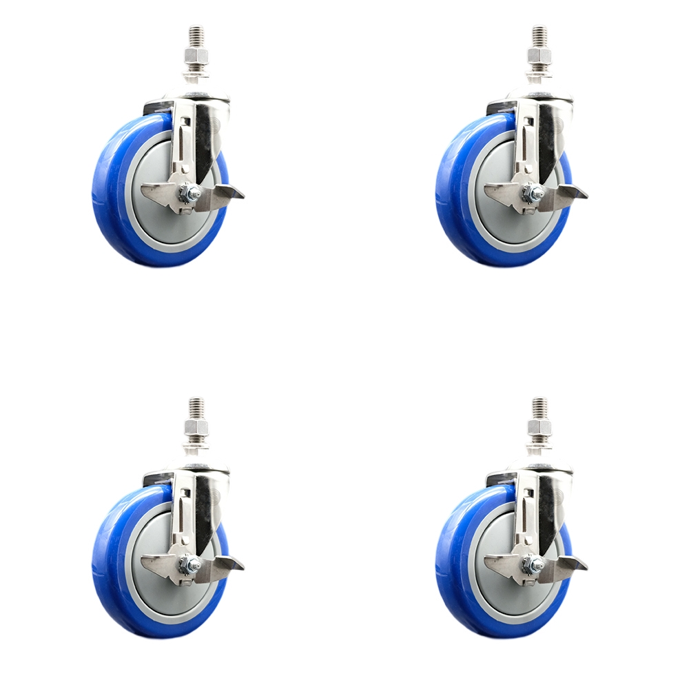 Polyurethane Swivel Stem Caster with 5 in. Blue Caster Wheels, 10 mm Threaded Stems - 316 Stainless Steel Casters - Set of 4