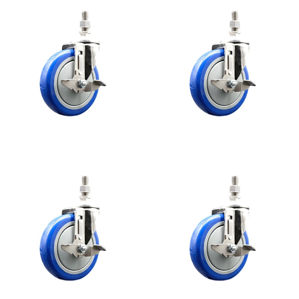 Polyurethane Swivel Stem Caster with 5 in. Blue Caster Wheels, 12 mm Threaded Stems - 316 Stainless Steel Casters - Set of 4